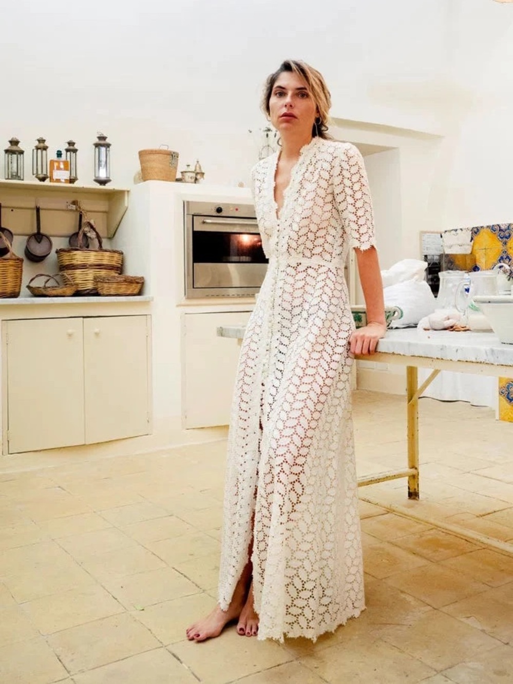 NWT $4166 Luisa Beccaria Lucrezia’s Eyelet Leaf Pattern Bottoncino Dress Size 42